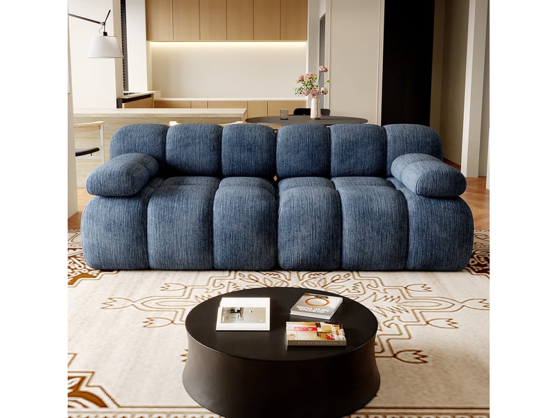  Canapé droit 2 places 200x100x68 cm – bleu – chenille, mousse haute élasticité, livré compressé sans montage  - Conforama B