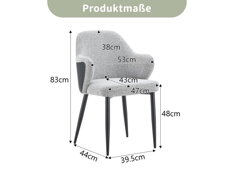  Lot de 2 chaises de salle à manger en tissu gris et pu noir, pieds en métal, h. 83 cm  - Conforama E