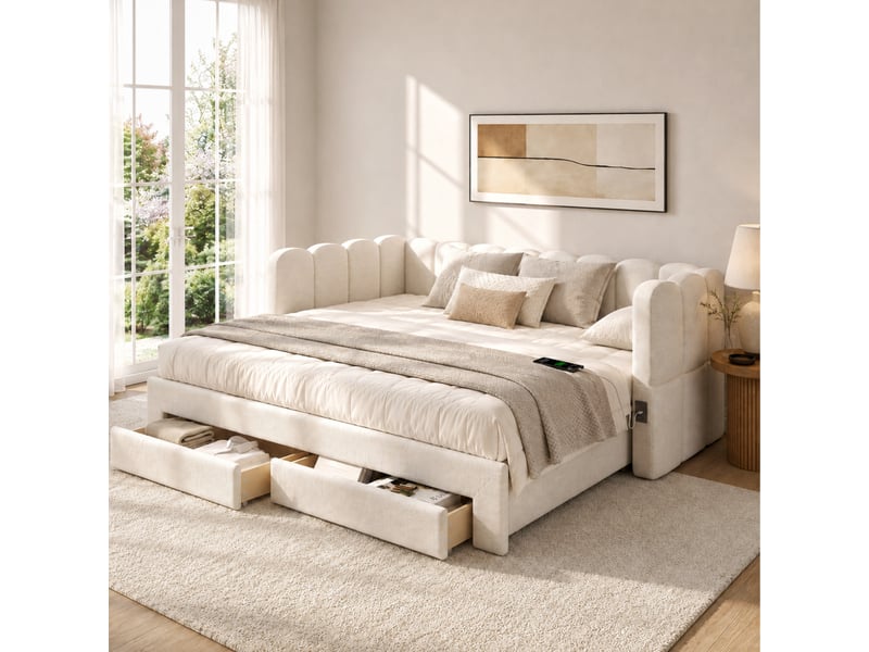  Lit de jour 90x200 cm extensible en 180x200 cm avec 2 tiroirs de rangement, ports usb et type-c, lin beige.  - Conforama B