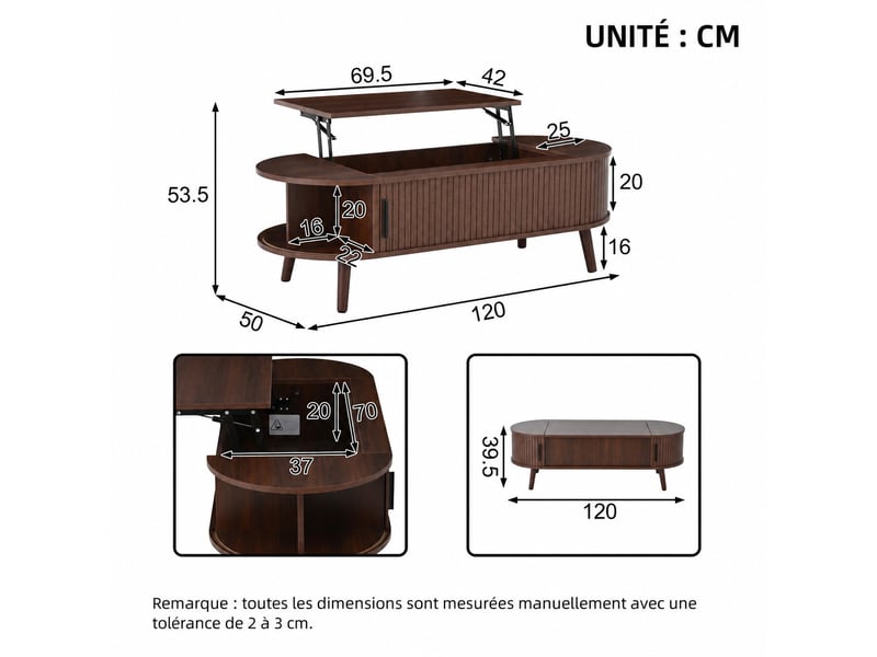  Table basse relevable 120 x 50 cm noyer en mdf, hauteur 39,5 à 53,5 cm, rangement caché et 4 pieds en bois  - Conforama C