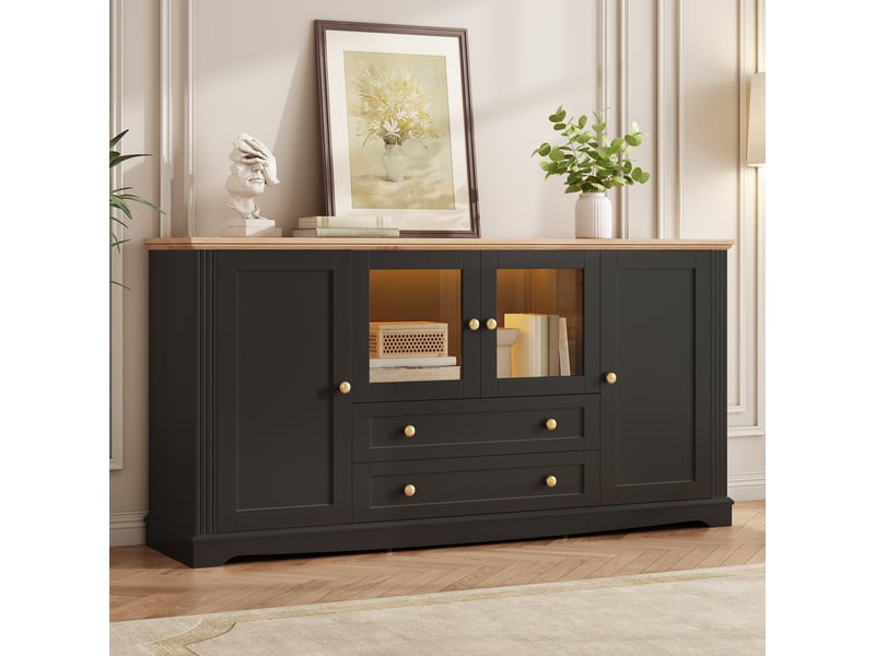  Buffet bas 160 x 40 x 80,5 cm en mdf avec led pilotable par application, 4 portes dont 2 vitrées et 2 tiroirs - noir Fay Lum - Conforama E