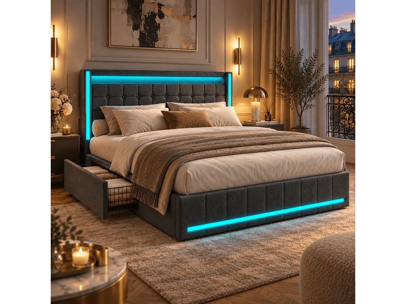 Lit double rembourré 140x200 cm,led et chargement usb, 4 tiroirs,sommier à lattes,lit 2 personnes pour adultes, lin ,gris - Conforama D