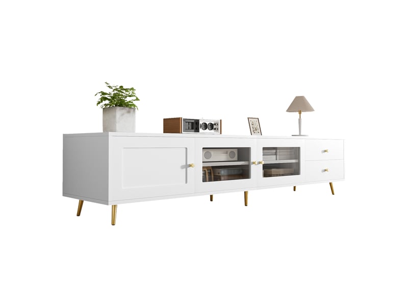  Meuble tv avec 2 tiroirs, 2 portes vitrées, 1 porte et étagères réglables pour salon, blanc, 170 × 40 × 43 cm  - Conforama A