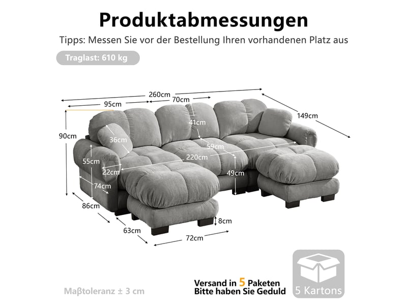 Canapé modulable 3 places 260 cm canapé droit en tissu chenille avec 2 pouf mobile, design matelassé, coussins épais, dossier ergonomique, gris clair Seren Glow - Conforama C