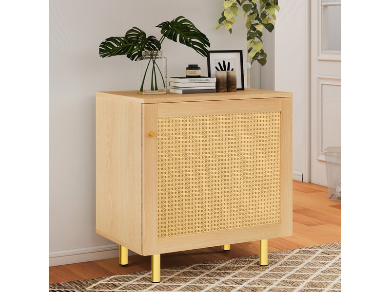 Meuble de rangement avec 1 porte en rotin tressé et étagère, pour chambre salon salle à manger, en mdf naturel - Conforama C