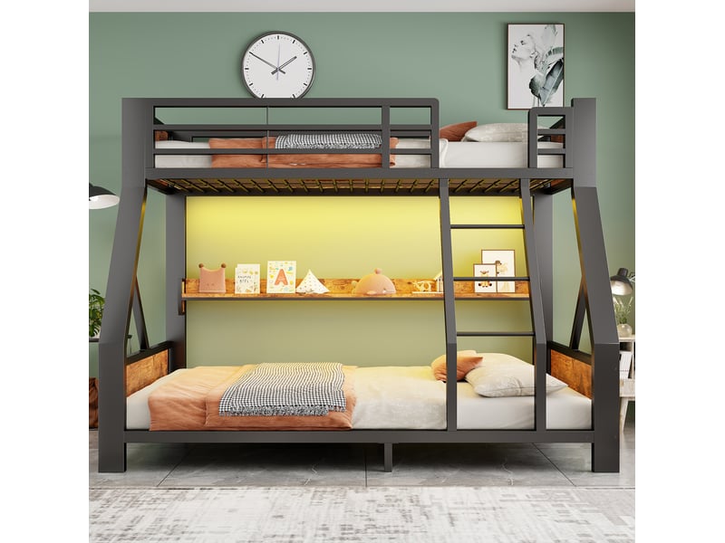  Lit superposé modenvie métal et bois noir 90 x 200 cm et 140 x 200 cm avec led et étagère  - Conforama B