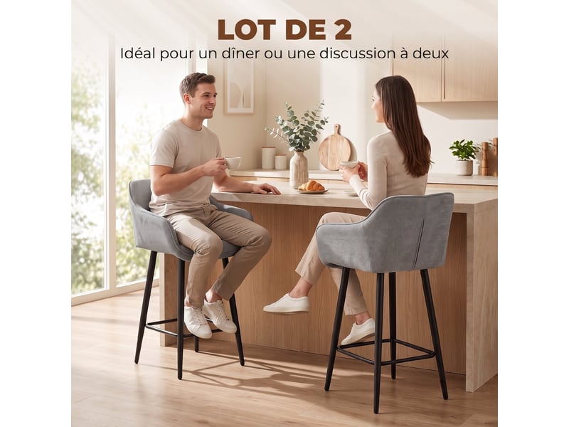  Lot de 2 tabourets de bar, chaises de bar rembourrées en chenille, assise large 67h cm, dossier et repose-pieds, gris  - Conforama D