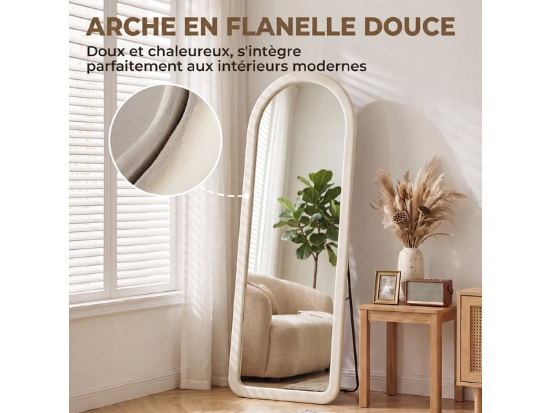  Miroir de sol arqué pleine longueur 160x60cm, grand miroir sur pied ou mural, verre trempé, cadre effet velours, crème  - Conforama D