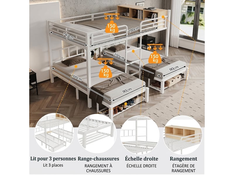  Lit superposé 3 places métal blanc 140x200 et 90x200 avec étagère et rangement chaussures sans matelas  - Conforama E