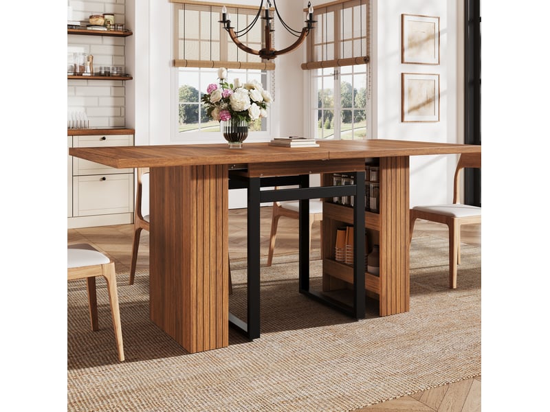 Table à manger extensible 120160200x80x78 cm, rangement intégré, pieds métal noir, mdf, marron foncé - Conforama B