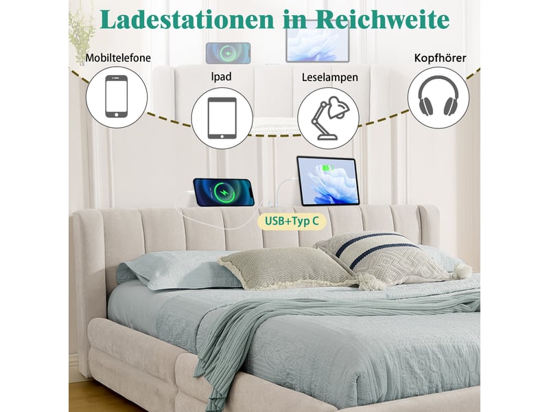  Lit 140x200 cm avec tête de lit en chenille, lit enfant avec sommier à lattes, lit 2 personnes avec prise usb, beige  - Conforama D