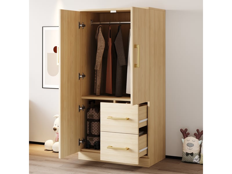  Armoire enfant 70×40×135 cm couleur bois naturel, 2 portes, avec tiroirs et compartiments, armoire individuelle  - Conforama C