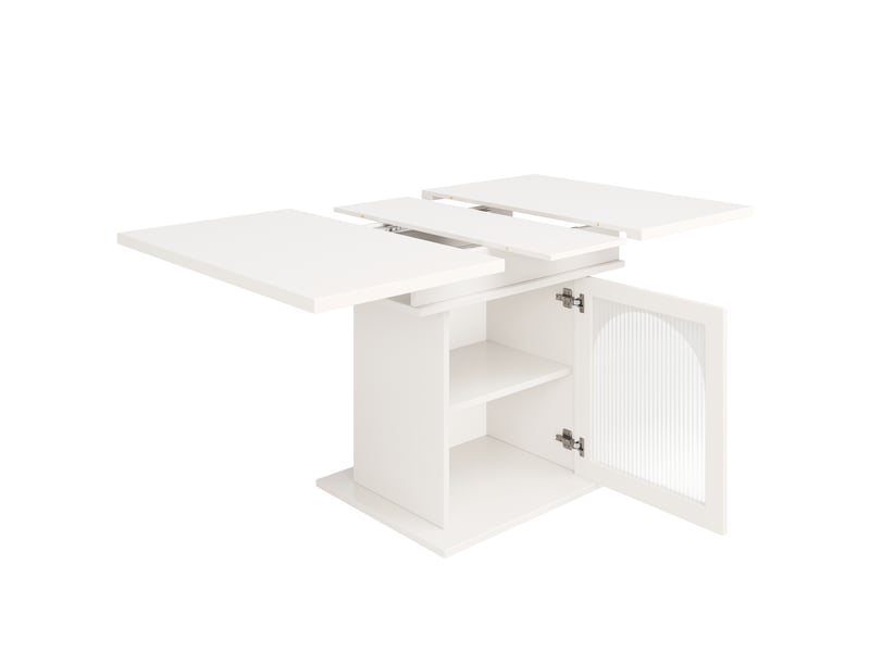 Table à manger rectangulaire extensible 110-140 x 80 cm avec rangement 3 niveaux, portes vitrées, étagères réglables, finition blanche moderne - Conforama D