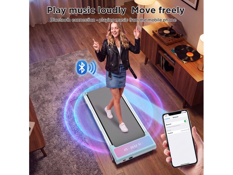  Tapis roulant électrique 118,5 x 51 cm – bleu – inclinaison automatique 15 %, bluetooth et télécommande  - Conforama D