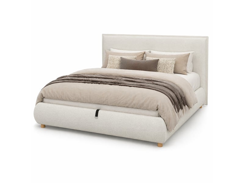  Lit double coffre 180x200 cm, pieds en bois, tête de lit, sommier inclus, lit adulte, tissu bouclé, blanc, sans matelas  - Conforama A