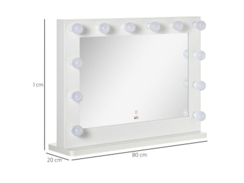  Miroir de maquillage hollywood 80 x 60 cm – blanc – 12 led dimmables avec commande tactile et mémoire  - Conforama C