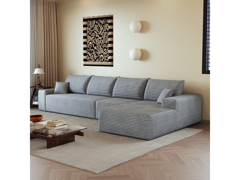  Canapé d'angle modulaire gris sans montage 340 cm 4 places avec méridienne en velours côtelé  - Conforama R