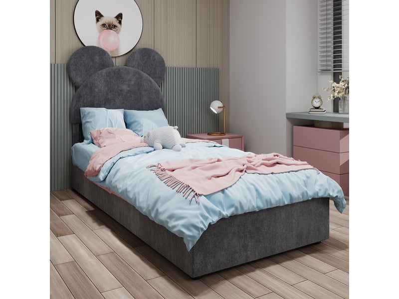 Lit coffre enfant 90x200 cm, tête de lit dessin animé, gris, sans matelas, sans fond - Conforama B