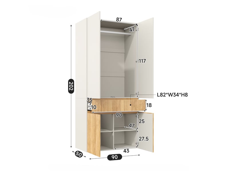  Armoire penderie 90x50x200 cm, garde-robe de chambre et bureau, style scandinave cannelé, en mdf, gris et chêne  - Conforama E