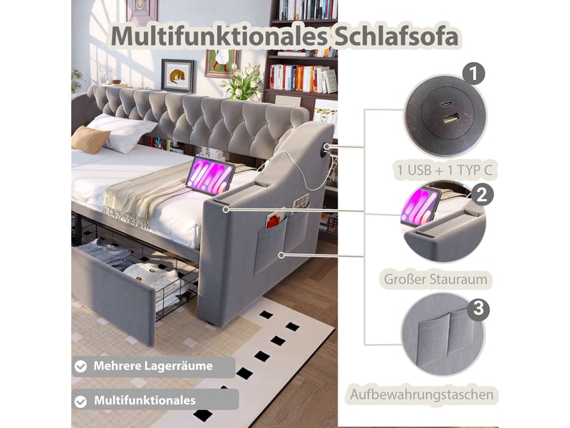  Lit canapé velours gris clair 90x190 cm avec accoudoirs usb, rangements et tiroirs  - Conforama B