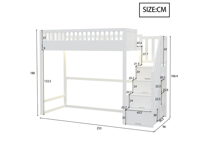 Lit mezzanine enfant 90x200 cm avec led, lit simple, barrière et escalier de rangement, en bois, blanc, sans matelas - Conforama C