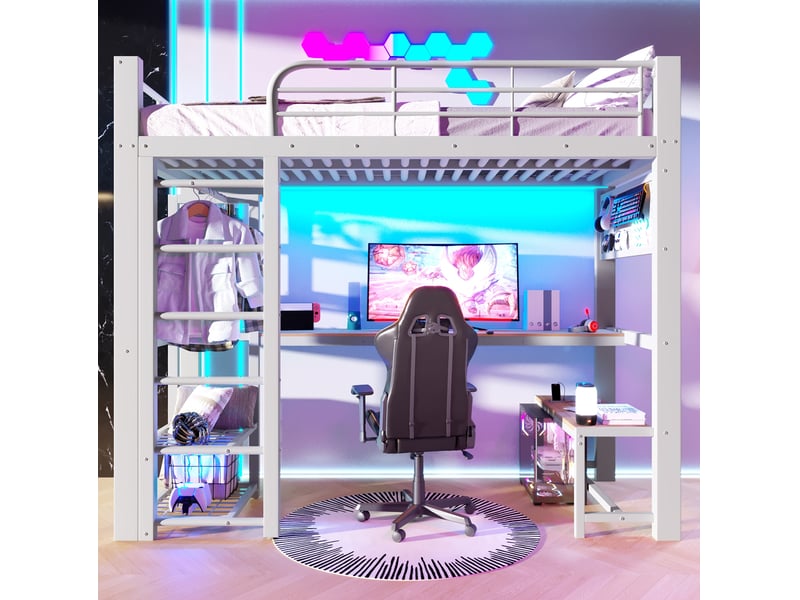  Lit mezzanine 90x200 cm avec bureau, rangements et led blanc  - Conforama E