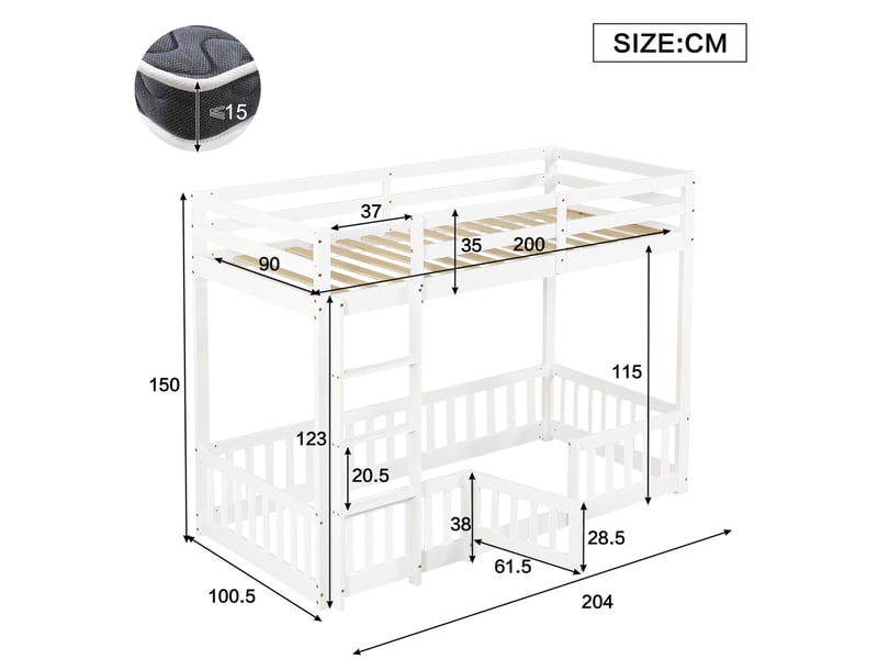 Lit surélevé enfant 90x200 cm blanc en bois de pin et lvl, espace sous le couchage et échelle à 3 marches - Conforama C