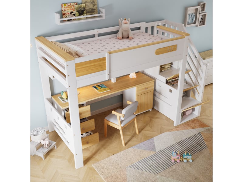  Lit mezzanine enfant 90 × 200 cm avec bureau, tiroirs et escalier rangement, blancnaturel IKSETERA TRADING LTD - Conforama D