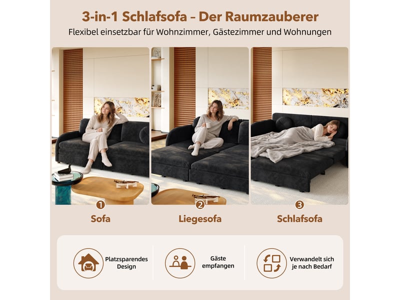  Canapé convertible 3 places 206 cm, 3-en-1 avec couchage double et rangement, coussins amovibles, chenille, noir OMNIGLINT TRADING LTD - Conforama D