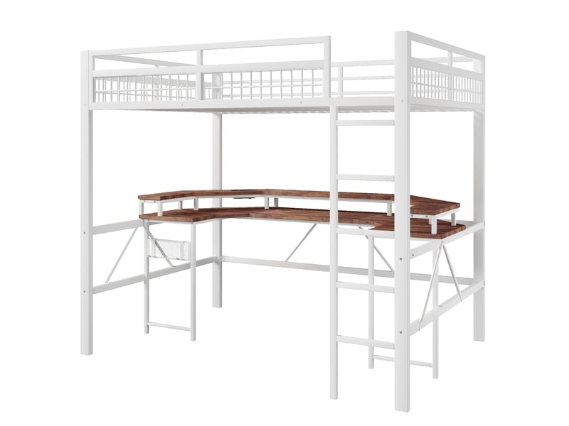  Lit mezzanine blanc 140 × 200 cm avec bureau, led, usb, type-c et 2 prises  - Conforama E
