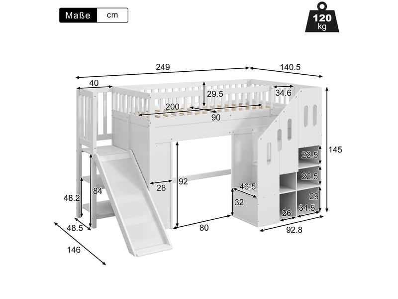  Lit mezzanine enfant 90x200 cm avec toboggan, escalier de rangement, garde-corps, led, pin et mdf, blanc, sans matelas  - Conforama C