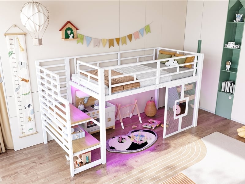 Lit mezzanine en métal 90x200cm avec escalier, espace de rangement, éclairage led et fenêtres, blanc  - Conforama B