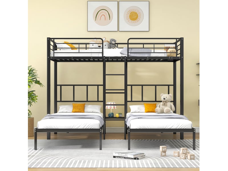  Lit superposé triple 3 couchages 90x200 cm en métal noir avec échelle  - Conforama C