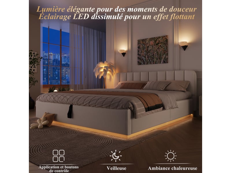 Lit coffre 180x200 cm beige, tissu chenille, sommier relevable hydraulique, led contrôlée par appli, sommier à lattes inclus - Conforama D