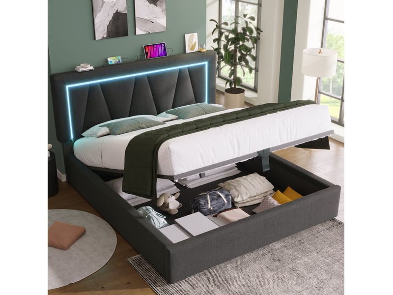  Lit coffre led 160x200 avec usb type-c et matelas evryae  - Conforama D