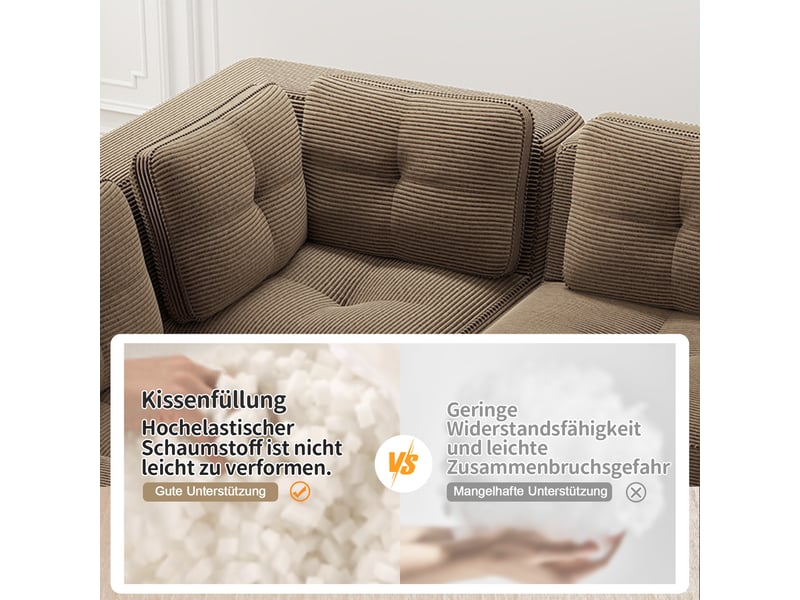 Canapé modulable d'angle en u profond avec ottoman, tissu velours côtelé marron, conception antidérapante, sans montage nécessaire - Conforama E