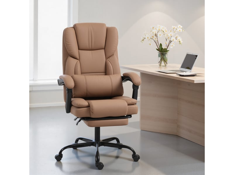  Chaise de bureau marron avec revêtement en similicuir à motif pattes de chat, repose-pieds, réglable en hauteur et roulettes.  - Conforama B