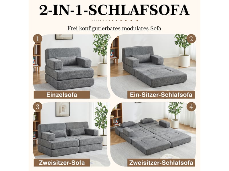  Canapé convertible 2-en-1 1 place 90 x 90 x 80 cm avec couchage pliant, dossier réglable et structure en fer, chenille, gris OMNIGLINT TRADING LTD - Conforama E