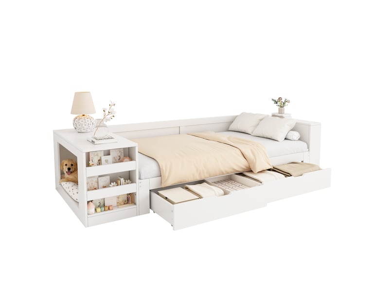  Lit avec rangement 90x200 cm avec tiroirs et rangements, en bois, blanc, sans matelas  - Conforama A