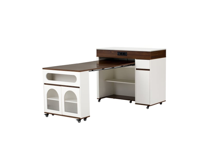 Îlot de cuisine sur roulettes avec table extensible et multiprises encastrées – verre strié, buffet blanc et noyer - Conforama E