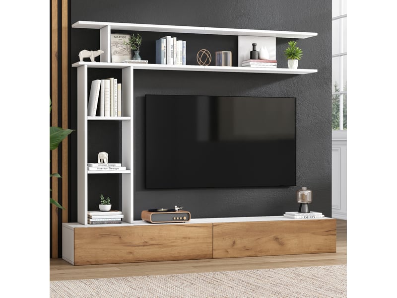  Ensemble mural tv 180x35x22,5 cm, 2 portes de rangement, pose murale ou au sol, panneau de particules, blanc et bois  - Conforama B