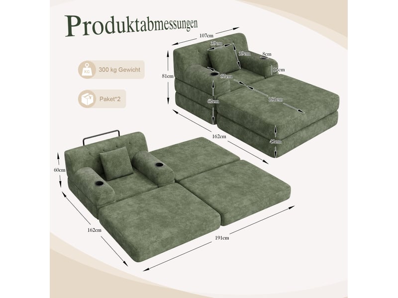  Fauteuil-lit modenvie 1 place convertible avec repose-pieds en velours côtelé vert 107 x 162 x 81 cm  - Conforama C