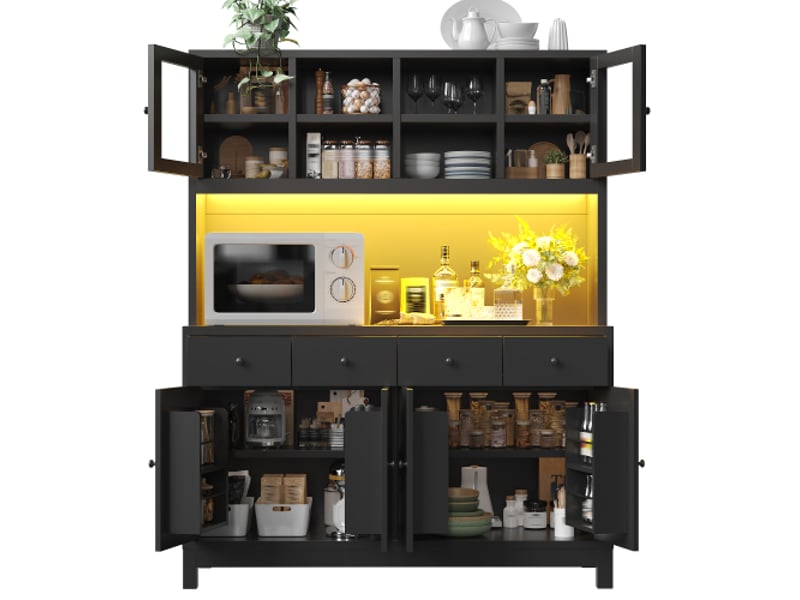  Buffet haut noir 140×38,5×180 cm avec led rgb contrôlable par app, portes vitrées, 4 tiroirs, étagères réglables, 100 kg  - Conforama A