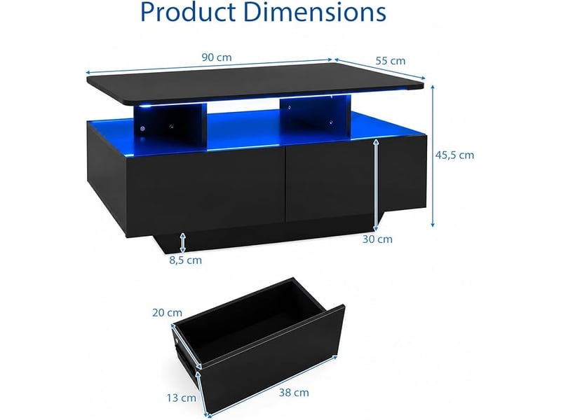  Table basse rectangulaire, meuble de rangement avec led, noir mat  - Conforama C