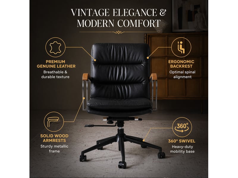  Chaise de bureau ergonomique pivotante à roulettes avec hauteur réglable et accoudoirs en cuir et métal noir  - Conforama E