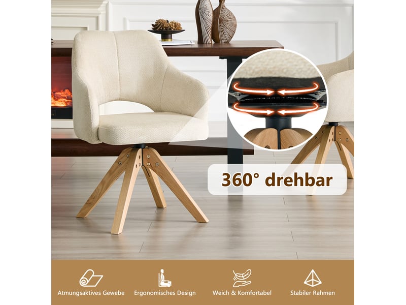  Lot de 2 chaises de salle à manger pivotantes 45x48x85 cm tissu blanc cassé et bois  - Conforama E