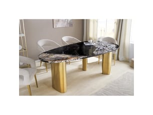 Table de salle à manger nera – ovale 200 cm – plateau marbre gris – pieds métal or – style chic
