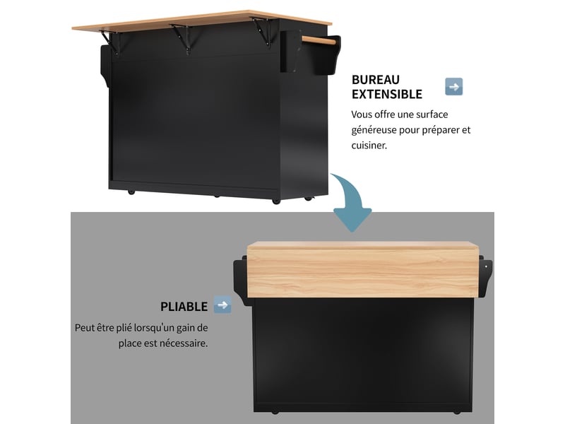  Buffet de cuisine 120x46x91.5cm, meuble de cuisine avec 2 tiroirs, 4 portes, plan de travail extensible, mdf, noir+naturel  - Conforama R