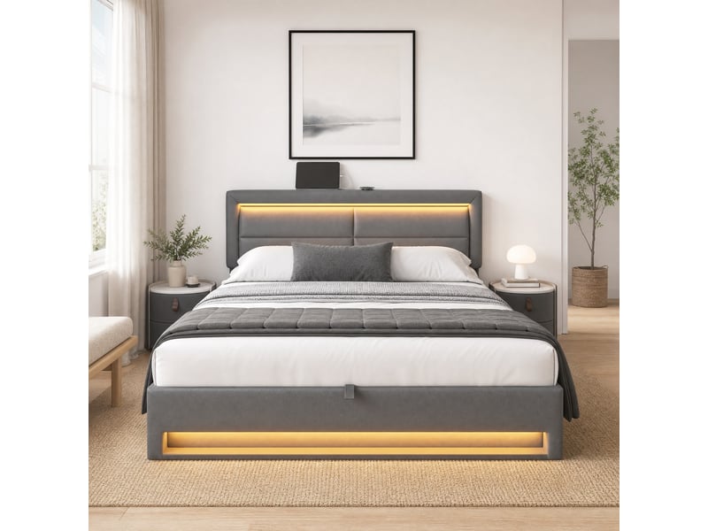  Lit rembourré 140 x 190 cm gris en pu-lychee avec led, usb et rangement, sans matelas  - Conforama B