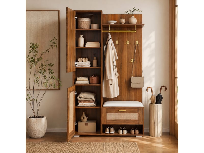  Meuble d'entrée avec miroir, 3 portes, niches led, banc à coussin et 6 patères pour couloir, 110 × 38 × 190 cm  - Conforama D